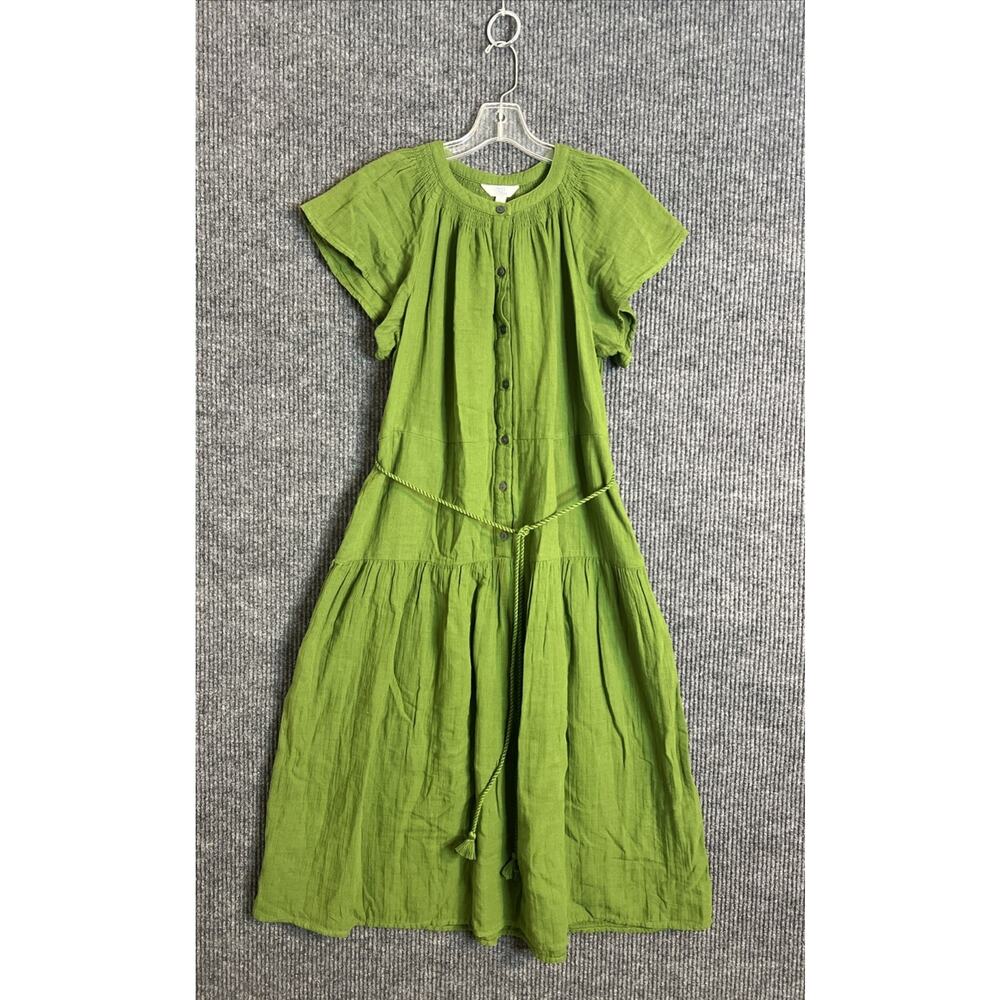 Time And True Womens Midi Dress Size Large Green Button Front Belted Pockets